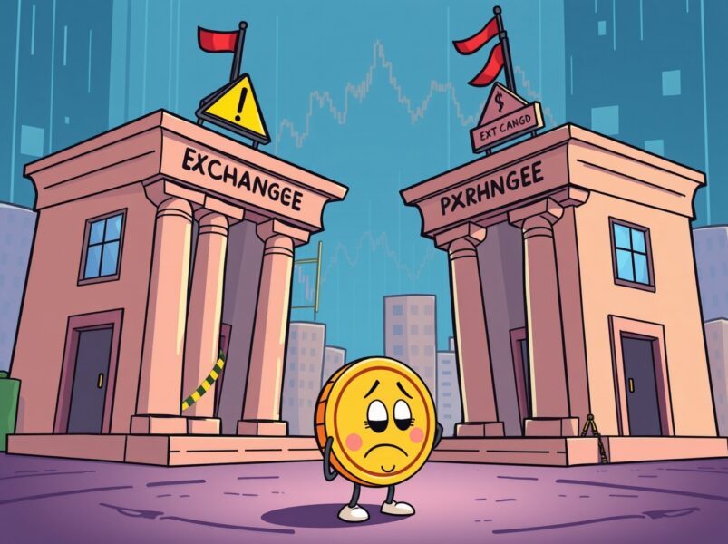 Cartoon illustration of a cryptocurrency investment warning issued by major exchanges for Groestlcoin.