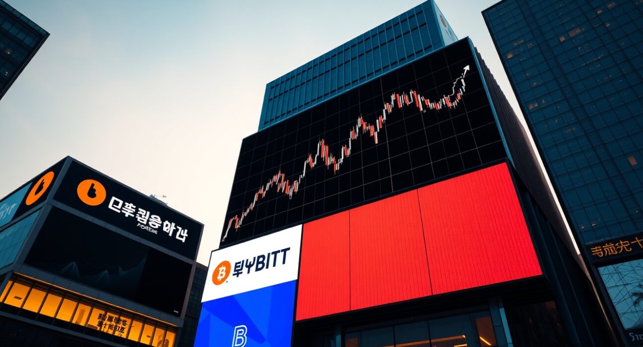 Upbit Bithumb new listings for KRW trading in April 2025, showing a digital chart with a sharp price surge.