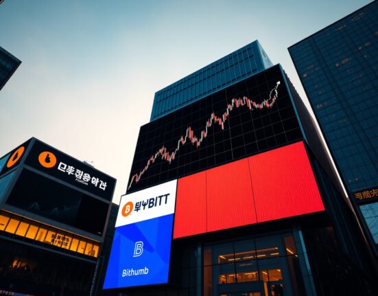 Upbit Bithumb new listings for KRW trading in April 2025, showing a digital chart with a sharp price surge.