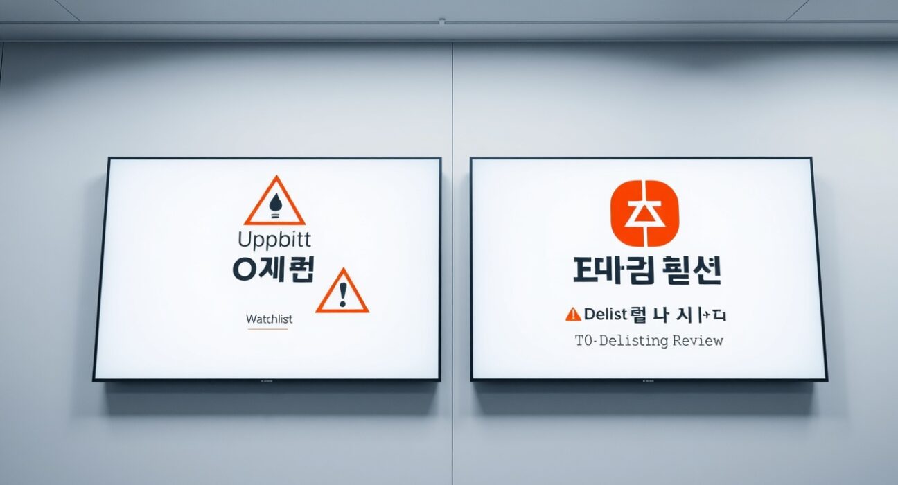 Upbit and Bithumb exchange screens displaying OXT delisting watchlist warnings