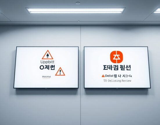 Upbit and Bithumb exchange screens displaying OXT delisting watchlist warnings