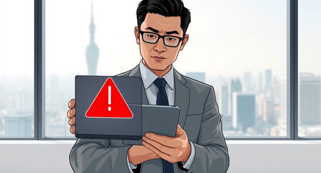 Financial analyst in Seoul reviewing Polkadot DOT investment warning alert on digital tablet