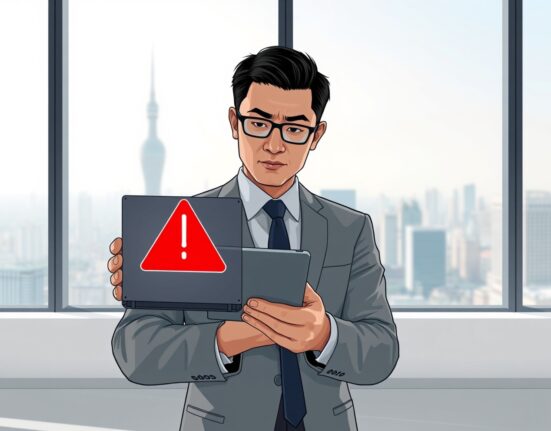 Financial analyst in Seoul reviewing Polkadot DOT investment warning alert on digital tablet