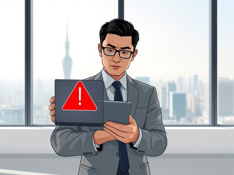 Financial analyst in Seoul reviewing Polkadot DOT investment warning alert on digital tablet