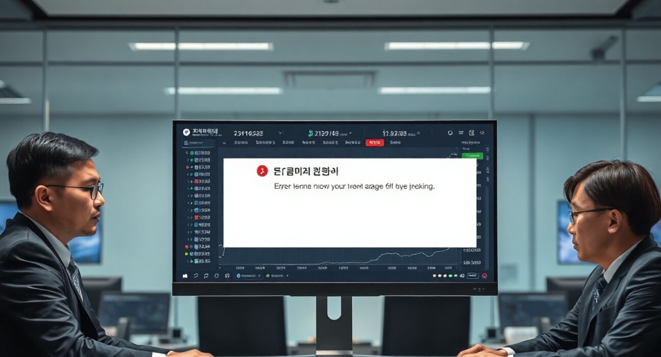 Two professionals reviewing a cryptocurrency trading error on a monitor in a South Korean office