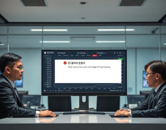 Two professionals reviewing a cryptocurrency trading error on a monitor in a South Korean office