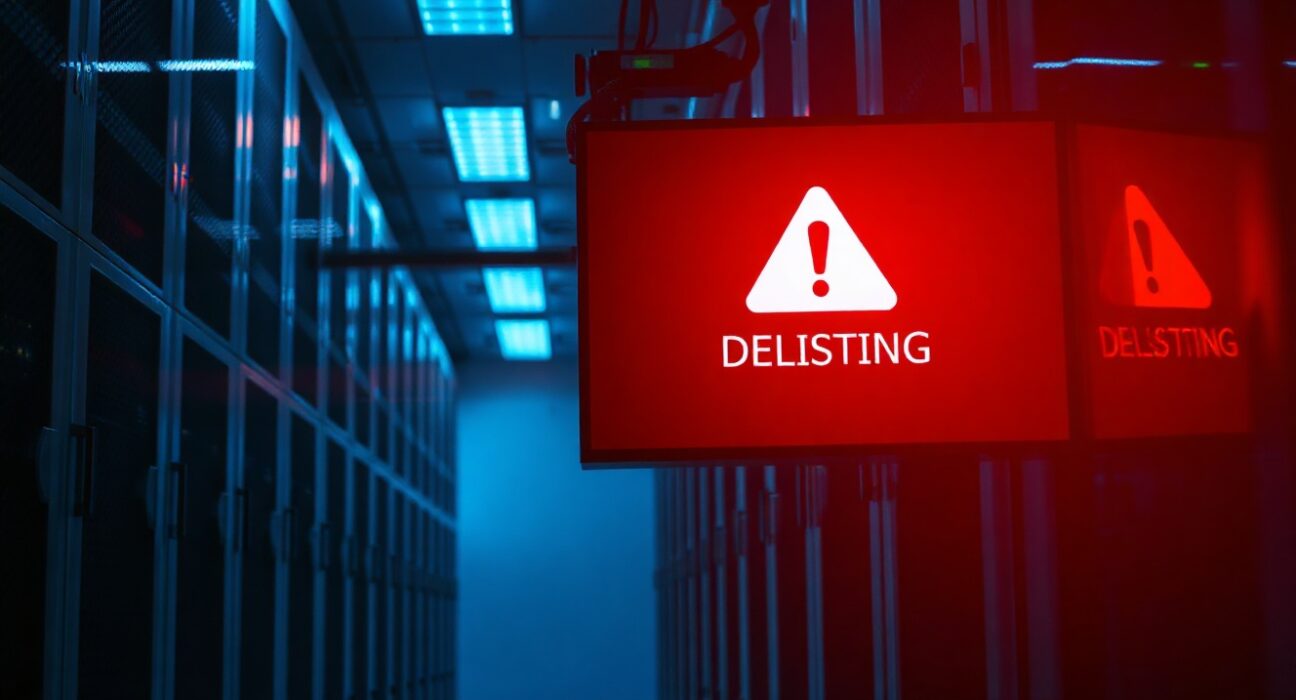 A digital warning screen in a data center signaling a delisting alert for the cryptocurrency Taiko.