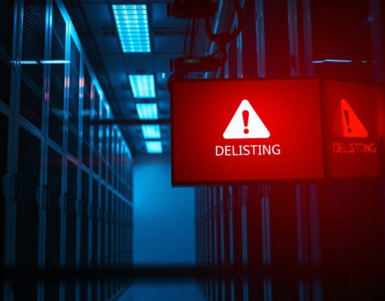 A digital warning screen in a data center signaling a delisting alert for the cryptocurrency Taiko.