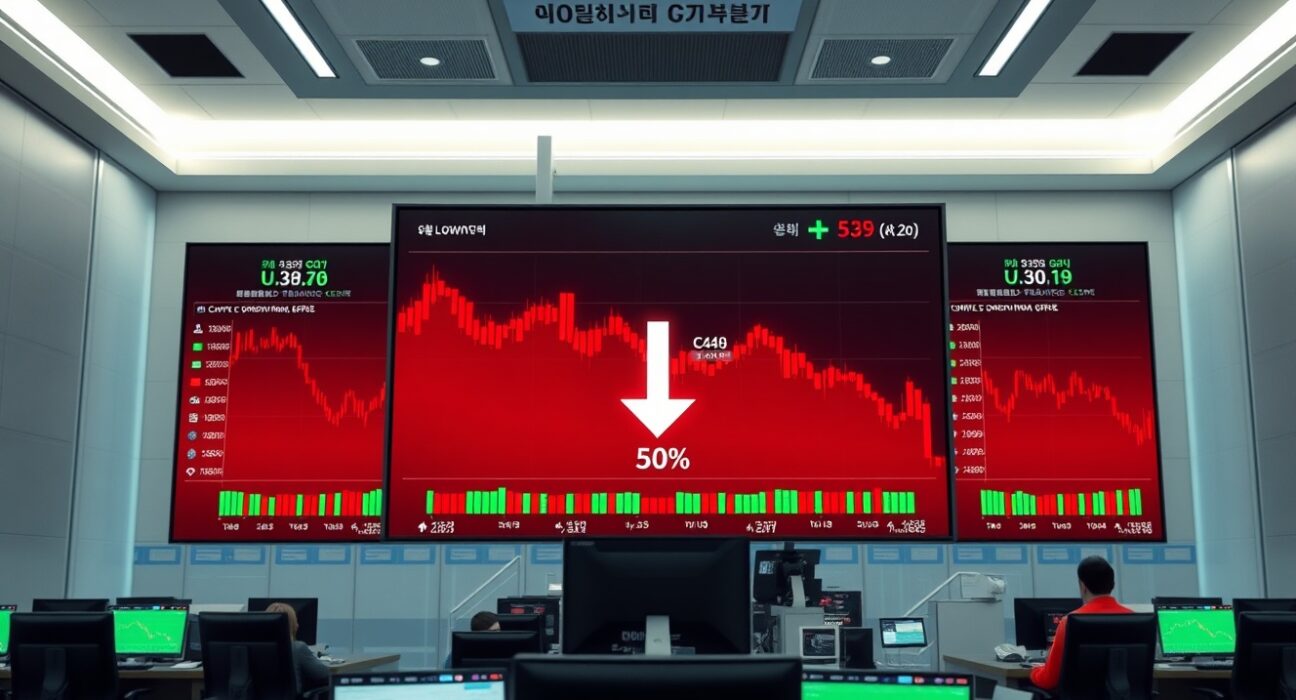 Digital trading screens at a Seoul crypto exchange showing declining volume charts and red indicators