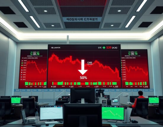 Digital trading screens at a Seoul crypto exchange showing declining volume charts and red indicators