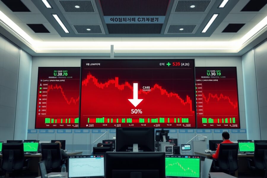 Digital trading screens at a Seoul crypto exchange showing declining volume charts and red indicators