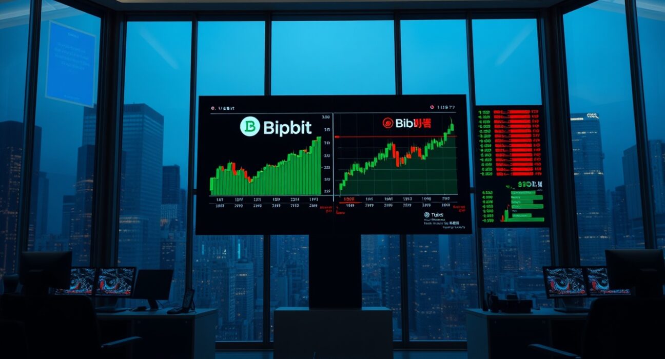 Digital trading screens showing Upbit and Bithumb cryptocurrency price charts in a modern South Korean financial office at dusk