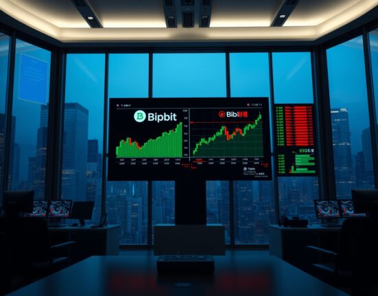 Digital trading screens showing Upbit and Bithumb cryptocurrency price charts in a modern South Korean financial office at dusk