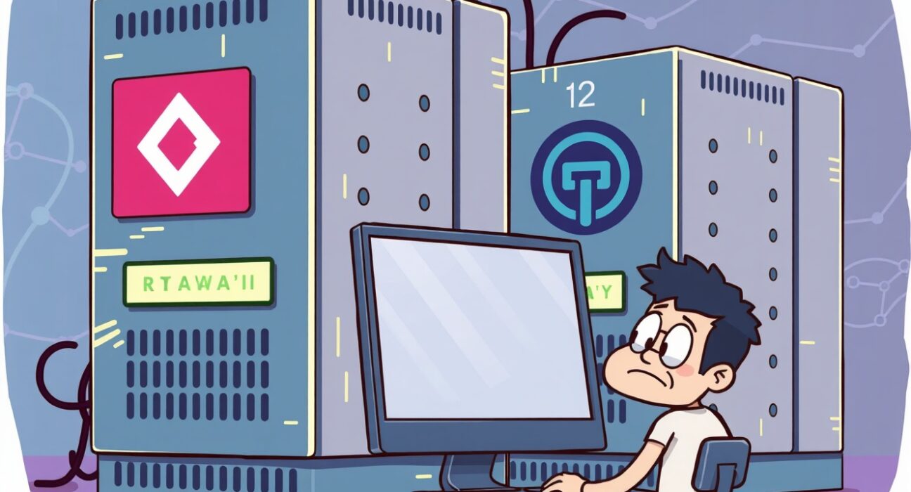 Cartoon illustration of cryptocurrency exchange outages showing glitching servers and confused traders