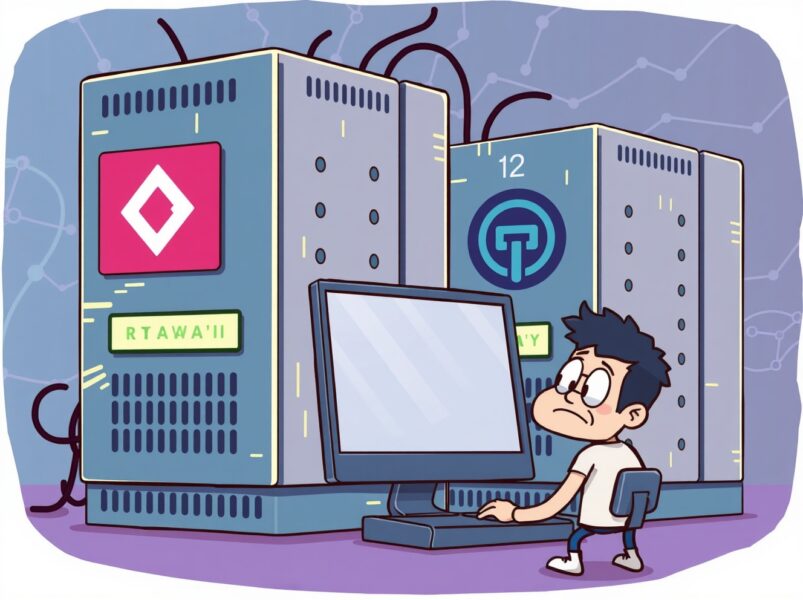 Cartoon illustration of cryptocurrency exchange outages showing glitching servers and confused traders