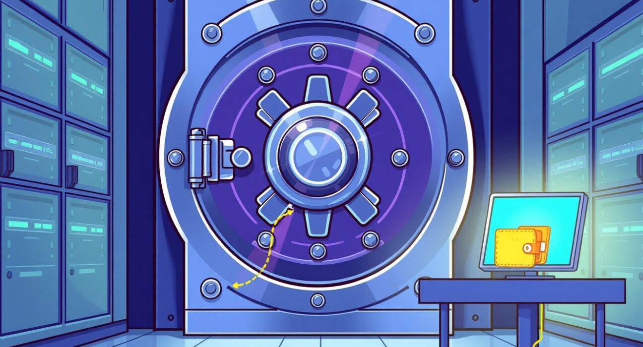 A secure cartoon vault representing Upbit's cold wallet storage for cryptocurrency assets.
