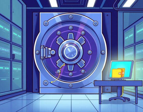 A secure cartoon vault representing Upbit's cold wallet storage for cryptocurrency assets.