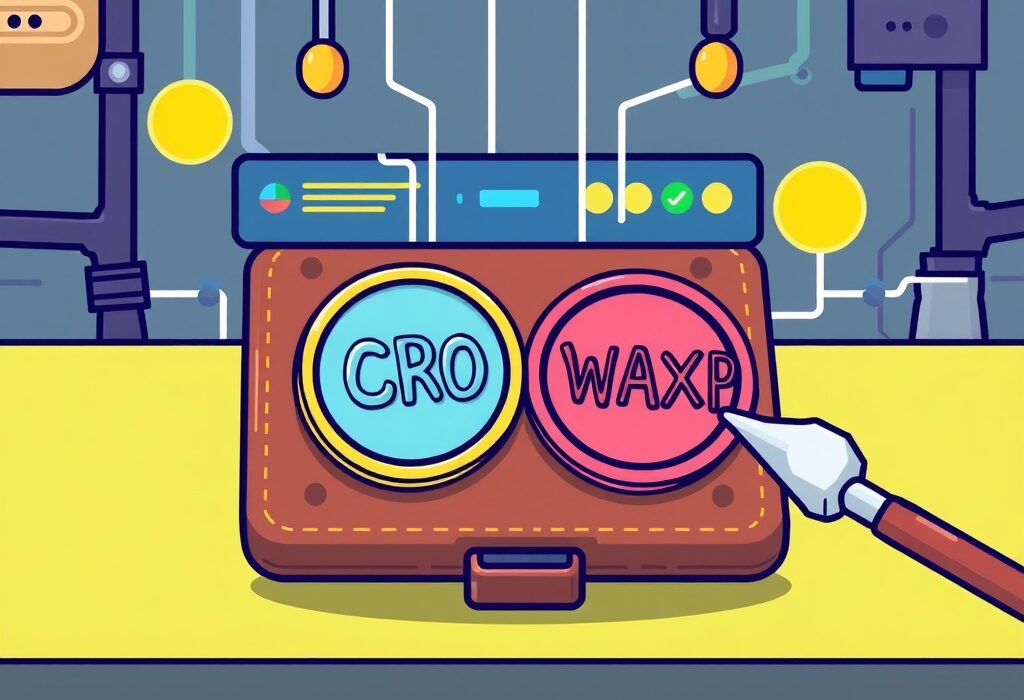 A cartoon illustration depicting a temporary Upbit CRO WAXP suspension for maintenance, showing digital tokens paused.