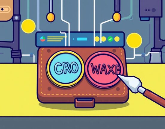 A cartoon illustration depicting a temporary Upbit CRO WAXP suspension for maintenance, showing digital tokens paused.
