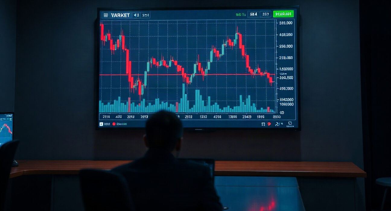 Digital trading screen showing red candlestick charts during a crypto sell-off