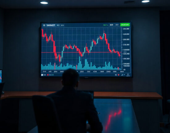 Digital trading screen showing red candlestick charts during a crypto sell-off
