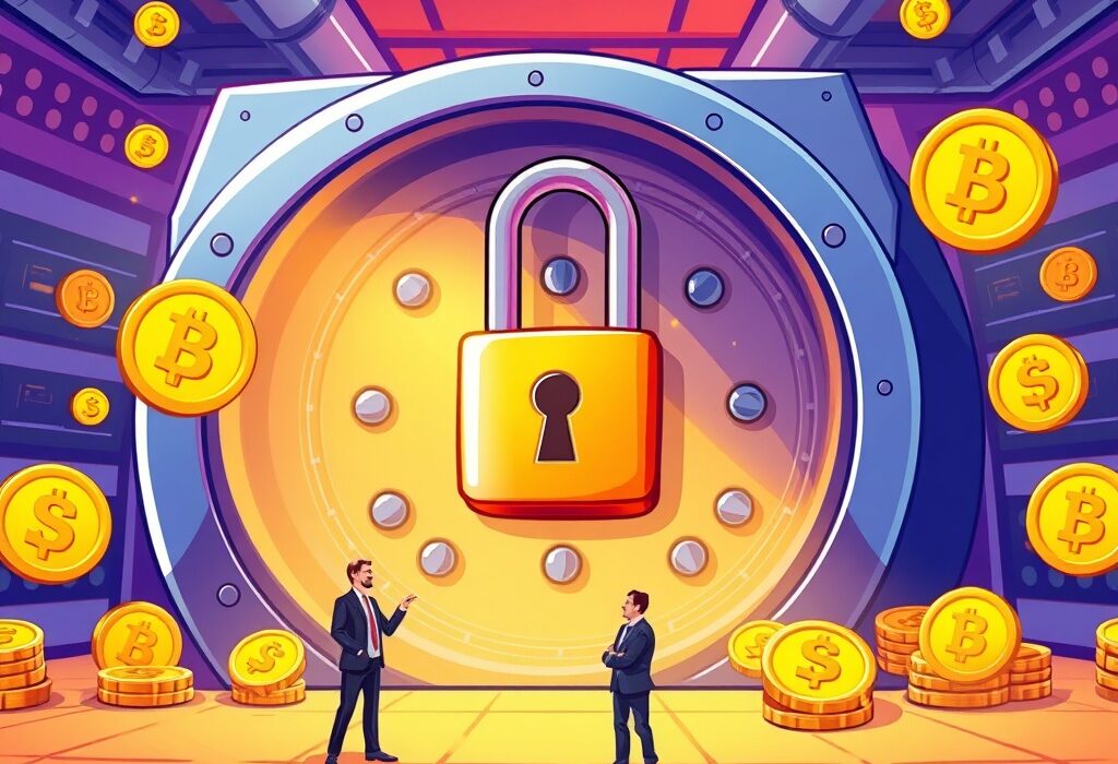 A cartoon illustration showing a secure vault representing the Upbit custody platform protecting digital assets for institutional crypto investors.