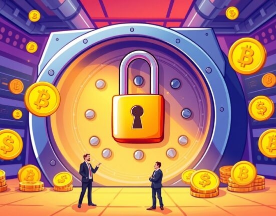 A cartoon illustration showing a secure vault representing the Upbit custody platform protecting digital assets for institutional crypto investors.