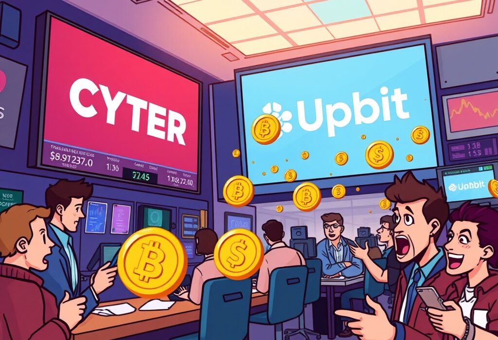 A vibrant cartoon depicting the excitement around the Upbit CYBER listing on a crypto exchange platform.