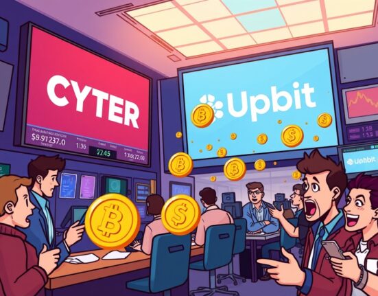 A vibrant cartoon depicting the excitement around the Upbit CYBER listing on a crypto exchange platform.