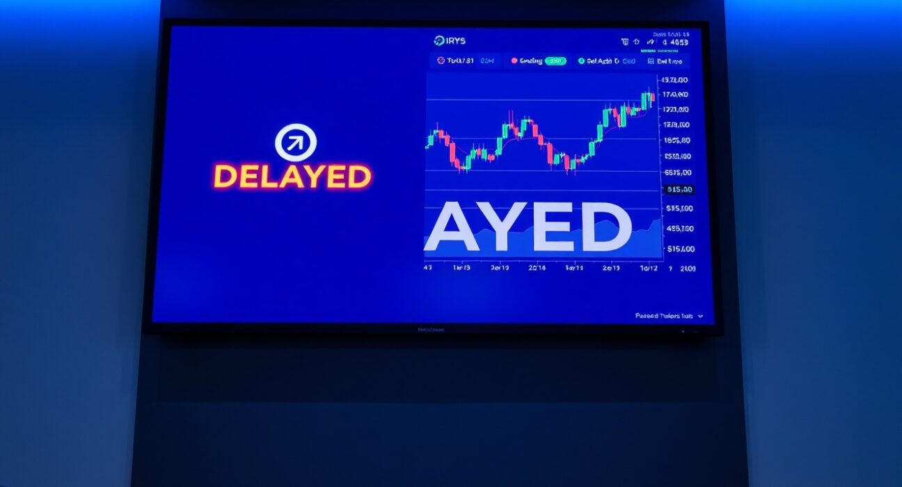 Digital display screen showing a delayed listing notification for IRYS token on a cryptocurrency exchange.
