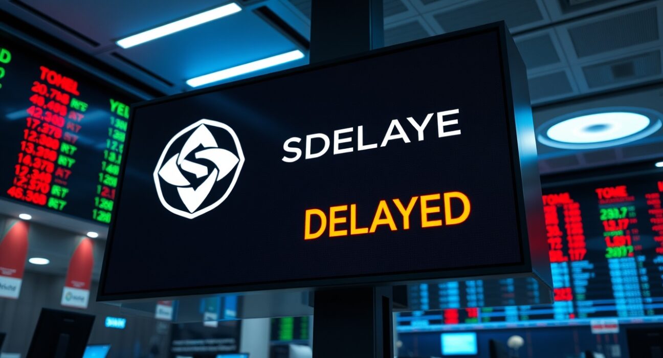 Digital display board showing a delayed listing notice for Solstice (SLX) on a cryptocurrency trading floor