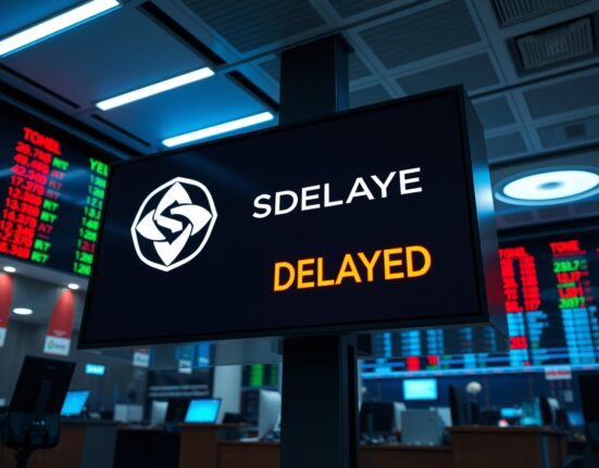 Digital display board showing a delayed listing notice for Solstice (SLX) on a cryptocurrency trading floor