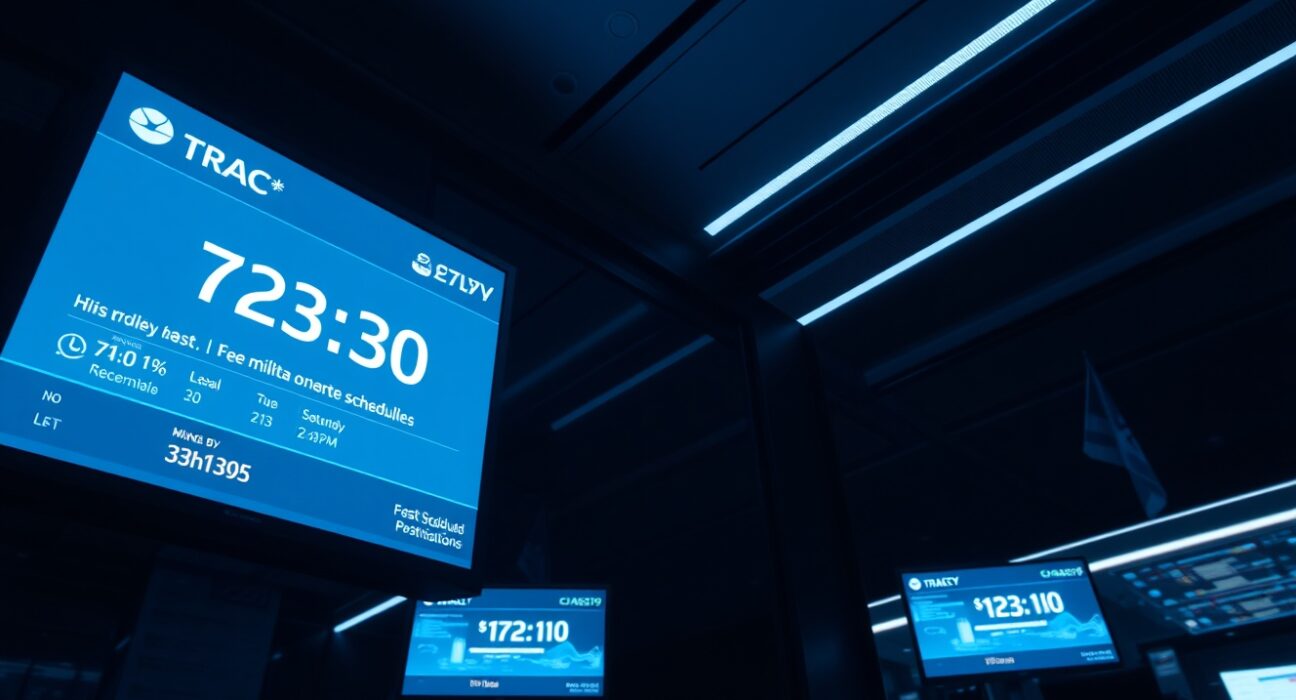 Digital display showing TRAC ticker and delayed countdown on a trading floor
