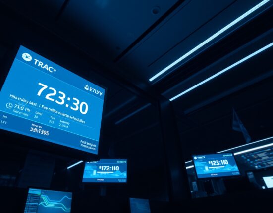 Digital display showing TRAC ticker and delayed countdown on a trading floor