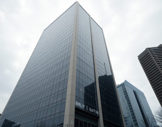 Exterior of a modern building in Seoul's financial district representing Upbit's headquarters