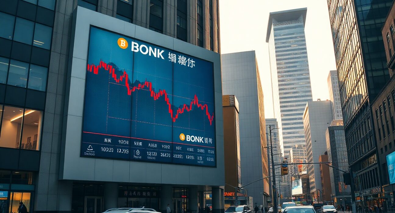 Upbit cryptocurrency exchange building in Seoul with BONK delisting notice on display
