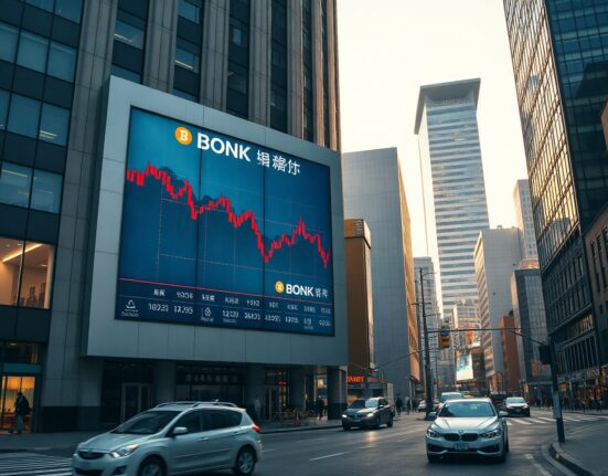 Upbit cryptocurrency exchange building in Seoul with BONK delisting notice on display