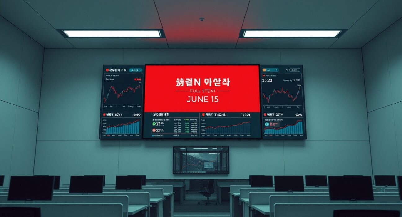 Upbit exchange delisting notice for NKN token on a digital display screen in a Seoul office