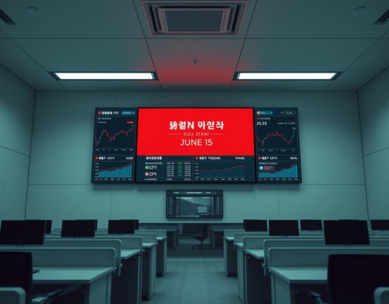 Upbit exchange delisting notice for NKN token on a digital display screen in a Seoul office