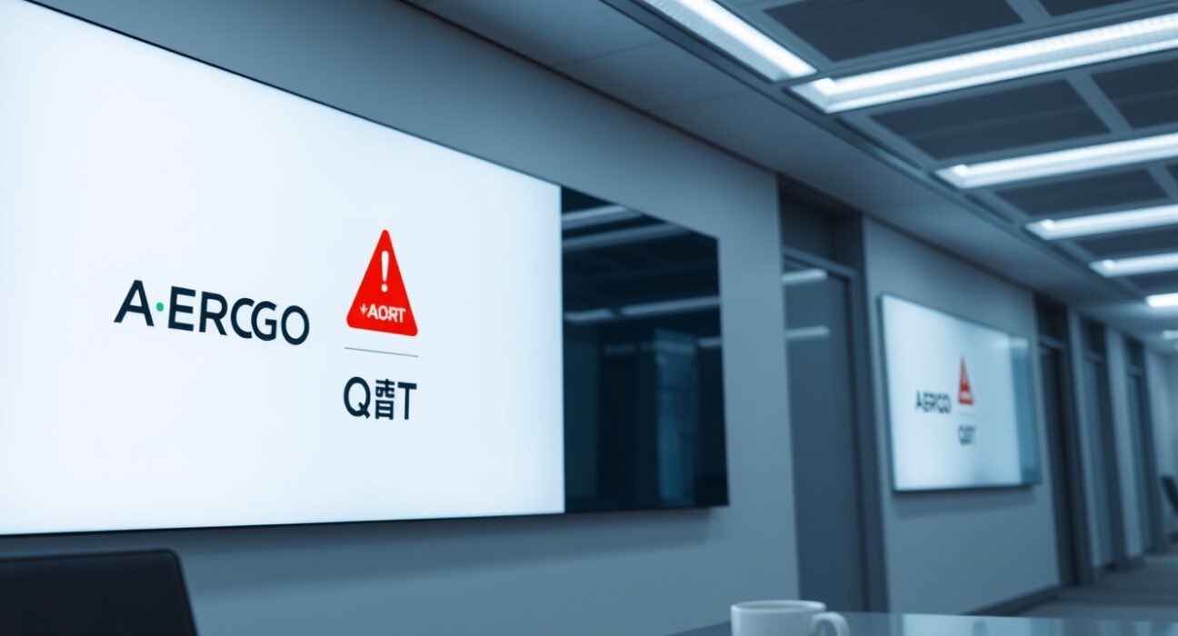 A digital display screen showing a delisting warning for AERGO and AQT tokens on the Upbit exchange in a professional trading environment.