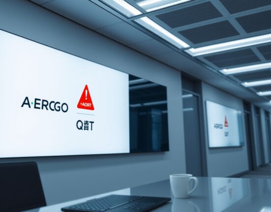 A digital display screen showing a delisting warning for AERGO and AQT tokens on the Upbit exchange in a professional trading environment.