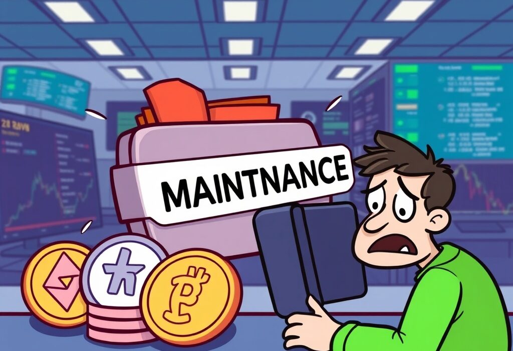 A cartoon illustration showing a digital wallet undergoing maintenance, representing the Upbit deposit suspension for various cryptocurrencies.