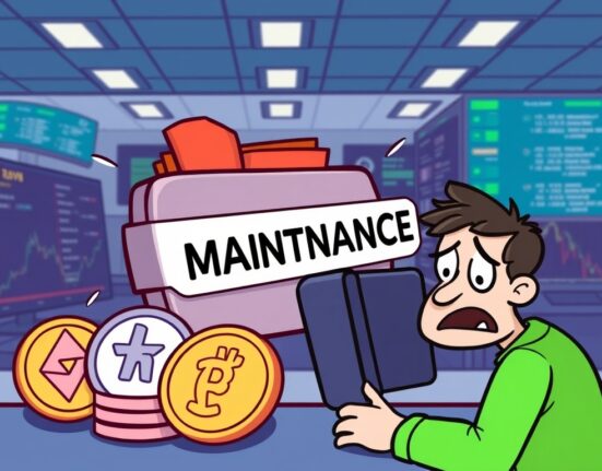 A cartoon illustration showing a digital wallet undergoing maintenance, representing the Upbit deposit suspension for various cryptocurrencies.