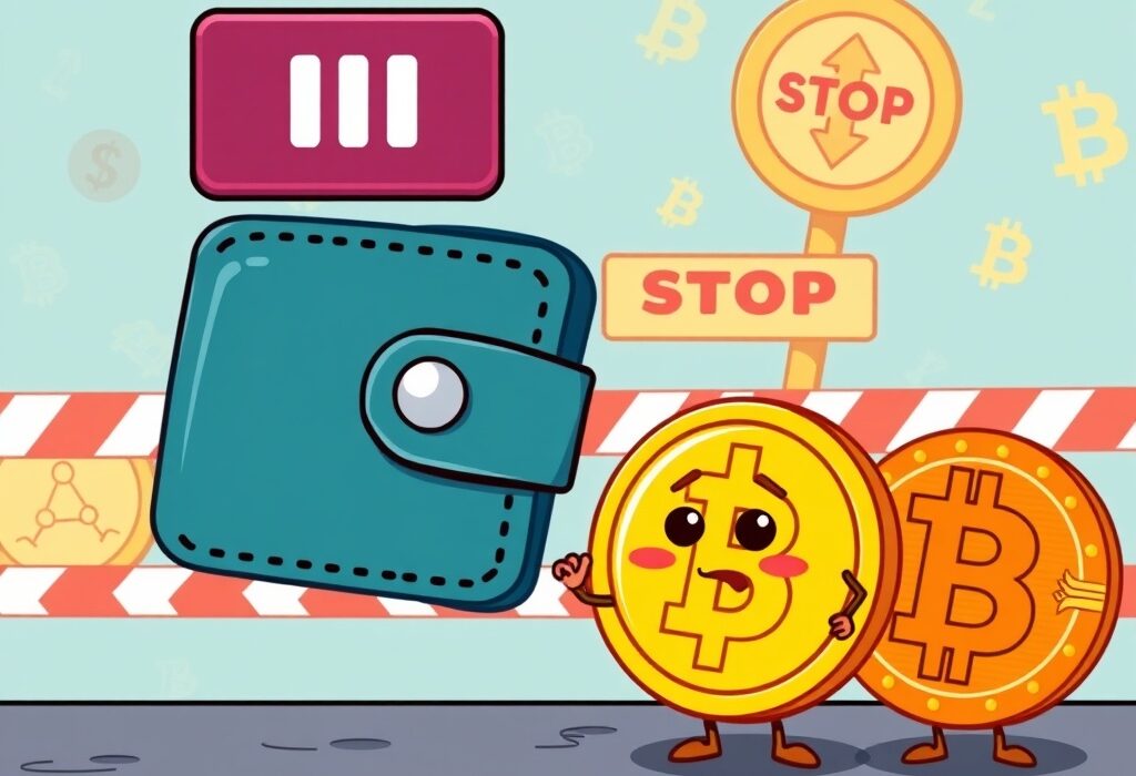 Cartoon illustration showing a temporary Upbit deposit withdrawal halt for crypto assets due to system maintenance.