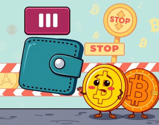Cartoon illustration showing a temporary Upbit deposit withdrawal halt for crypto assets due to system maintenance.