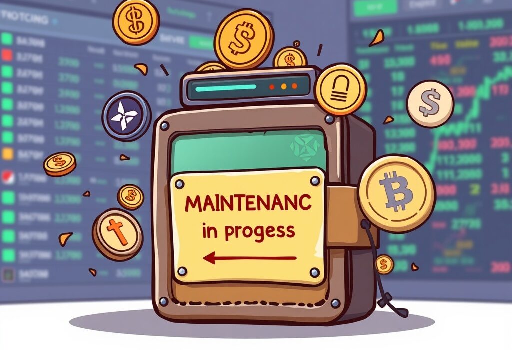A cartoon image illustrating Upbit deposit withdrawal and KAIA network maintenance, showing paused token transfers for various cryptocurrencies.