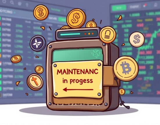 A cartoon image illustrating Upbit deposit withdrawal and KAIA network maintenance, showing paused token transfers for various cryptocurrencies.