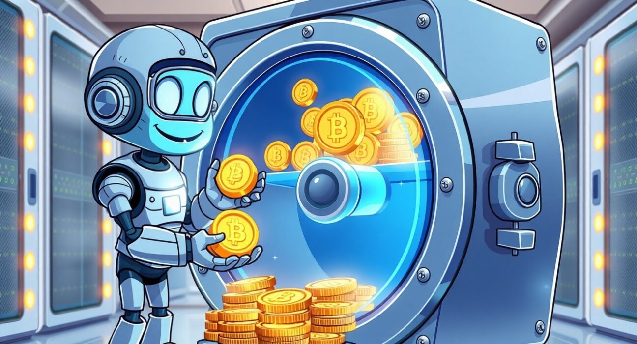Secure Upbit deposit and withdrawal services illustrated by a robot safeguarding a digital vault.