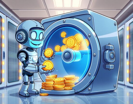 Secure Upbit deposit and withdrawal services illustrated by a robot safeguarding a digital vault.