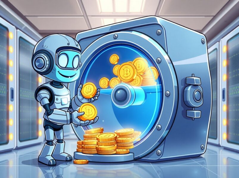 Secure Upbit deposit and withdrawal services illustrated by a robot safeguarding a digital vault.